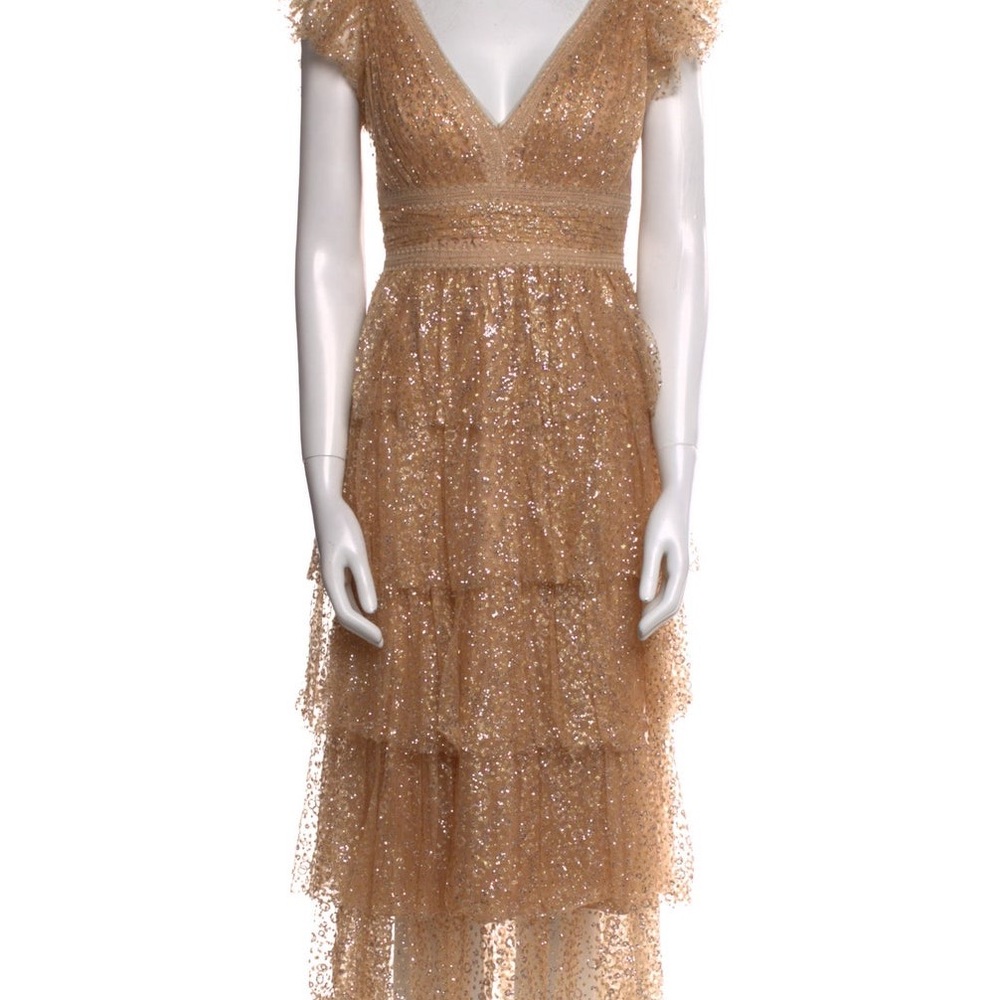 Marchesa Notte Shimmering Pink and Gold, Tiered Lace, Cocktail Dress Size 8